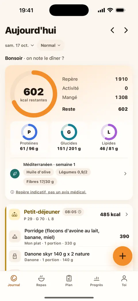 Le Journal : 602 kcal restantes, les macros et le petit-déjeuner noté