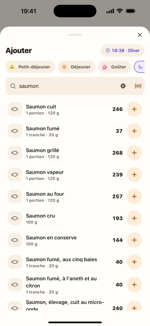 L'écran Ajouter : une recherche « saumon » et ses portions