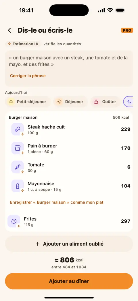 L'écran Dis-le ou écris-le : une phrase transformée en burger, pain, tomate et frites