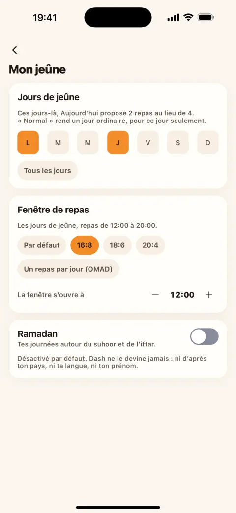 L'écran Mon jeûne : jours de jeûne, fenêtre 16:8 et Ramadan désactivé
